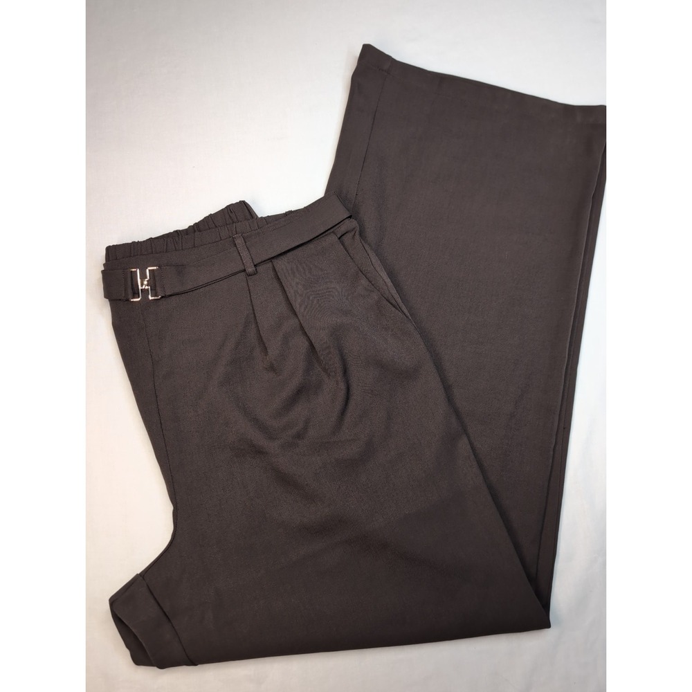 New Long Tall Sally LTS Womens 16 Brown Wide Leg Trousers Buckle Work Stretch
